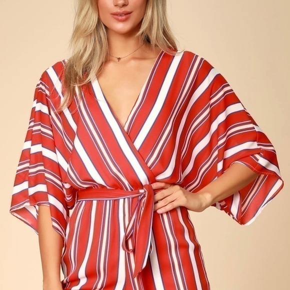 Lulus Spruce Red Multi Striped Kimono Sleeve Romper - Picture 3 of 8